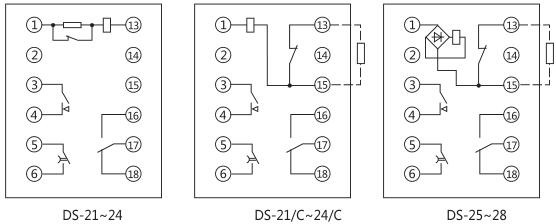 DS-24C时间继电器内部接线及外引接线图(正视图)