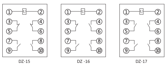 DZ-16中间继电器内部接线图及外引接线图(正视图)